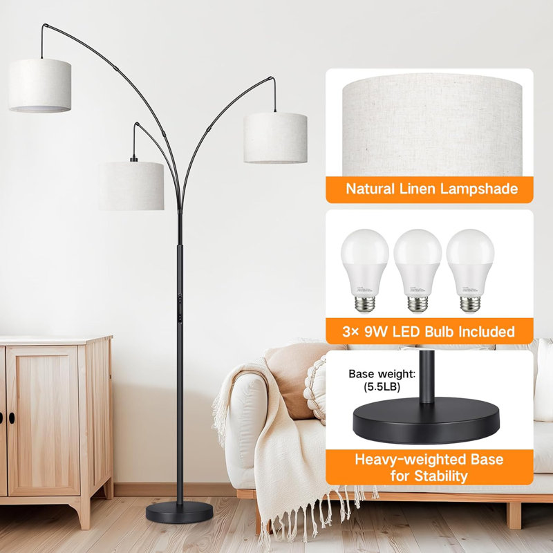 Arc LED Floor Lamp Dimmable 3 Light Arched Tall Standing Lamp Adjustable Black Corner Lamp for Bedroom Hokku Designs